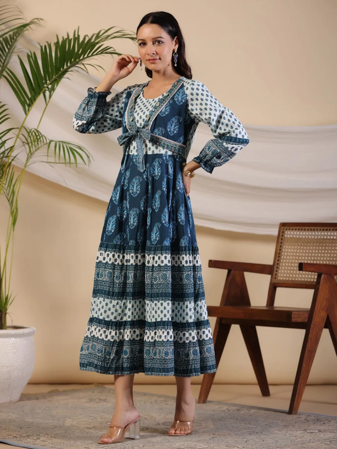 Jashvi The Madhubala Rayon Blue Ethnic Motif Printed Maxi Dress With Contrast 3D Beadwork Sequins & Kaudi