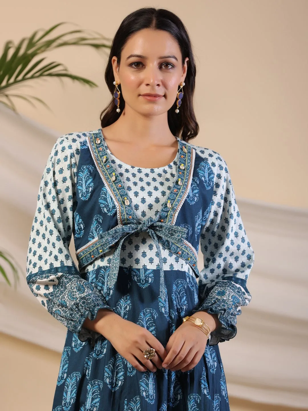 Jashvi The Madhubala Rayon Blue Ethnic Motif Printed Maxi Dress With Contrast 3D Beadwork Sequins & Kaudi