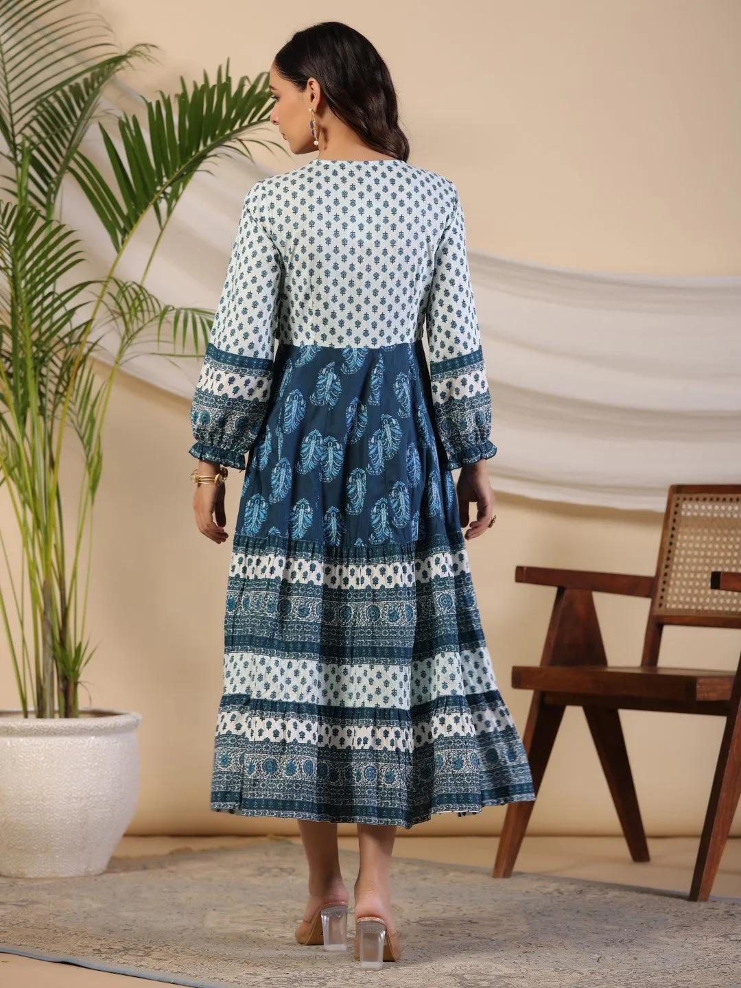 Jashvi The Madhubala Rayon Blue Ethnic Motif Printed Maxi Dress With Contrast 3D Beadwork Sequins & Kaudi