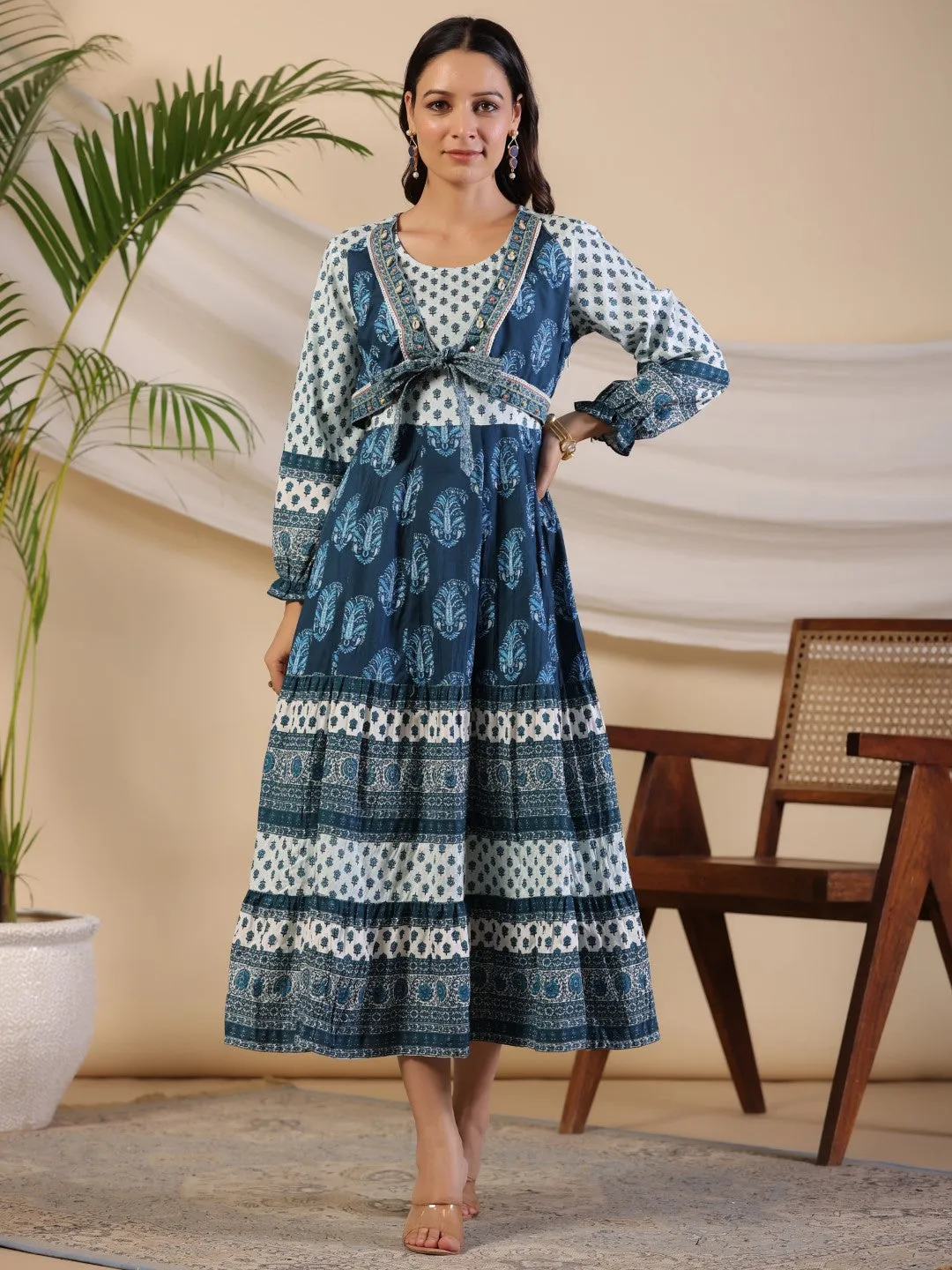 Jashvi The Madhubala Rayon Blue Ethnic Motif Printed Maxi Dress With Contrast 3D Beadwork Sequins & Kaudi