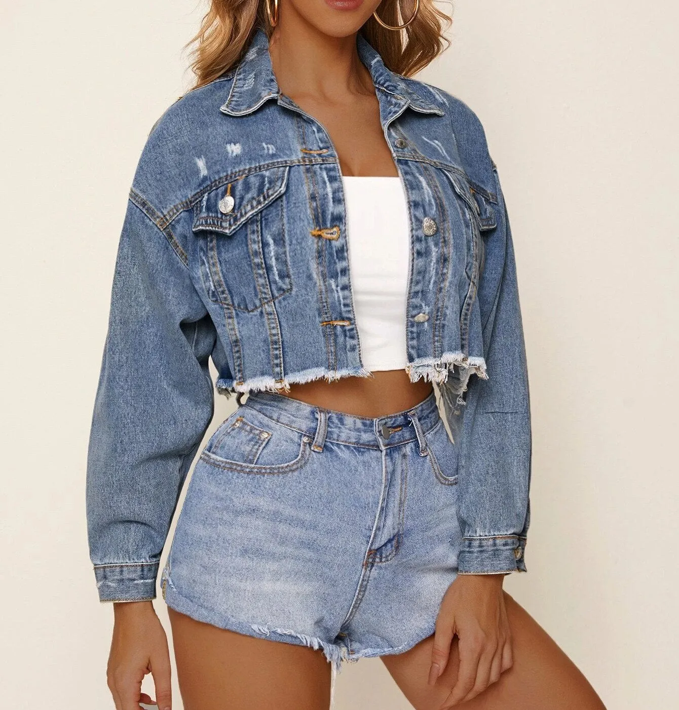 Joskaa Black Friday Sales Women's Denim Cropped Jacket Autumn Fashion Single Breasted Short Jeans Jacket Female Streetwear Casual Pockets Long Sleeve Coat