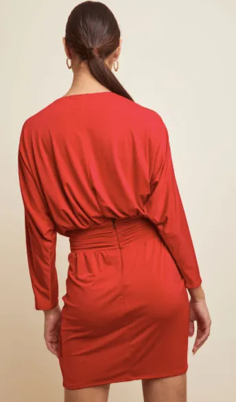 Krisa Drape Skirt Surplice Dress in Red