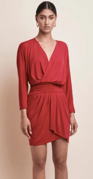 Krisa Drape Skirt Surplice Dress in Red