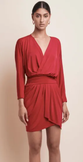 Krisa Drape Skirt Surplice Dress in Red