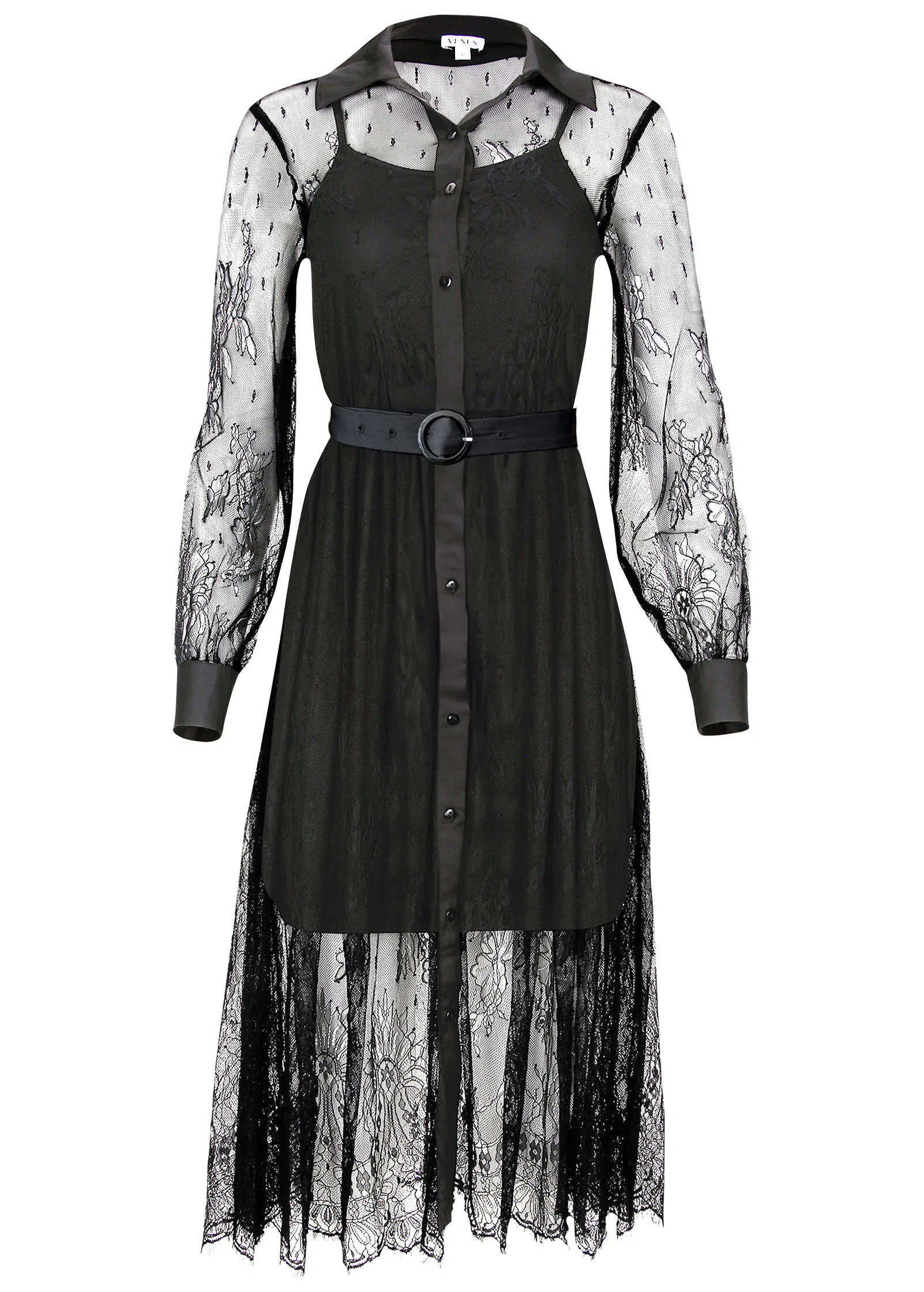 Lace Belted Midi Dress - Black