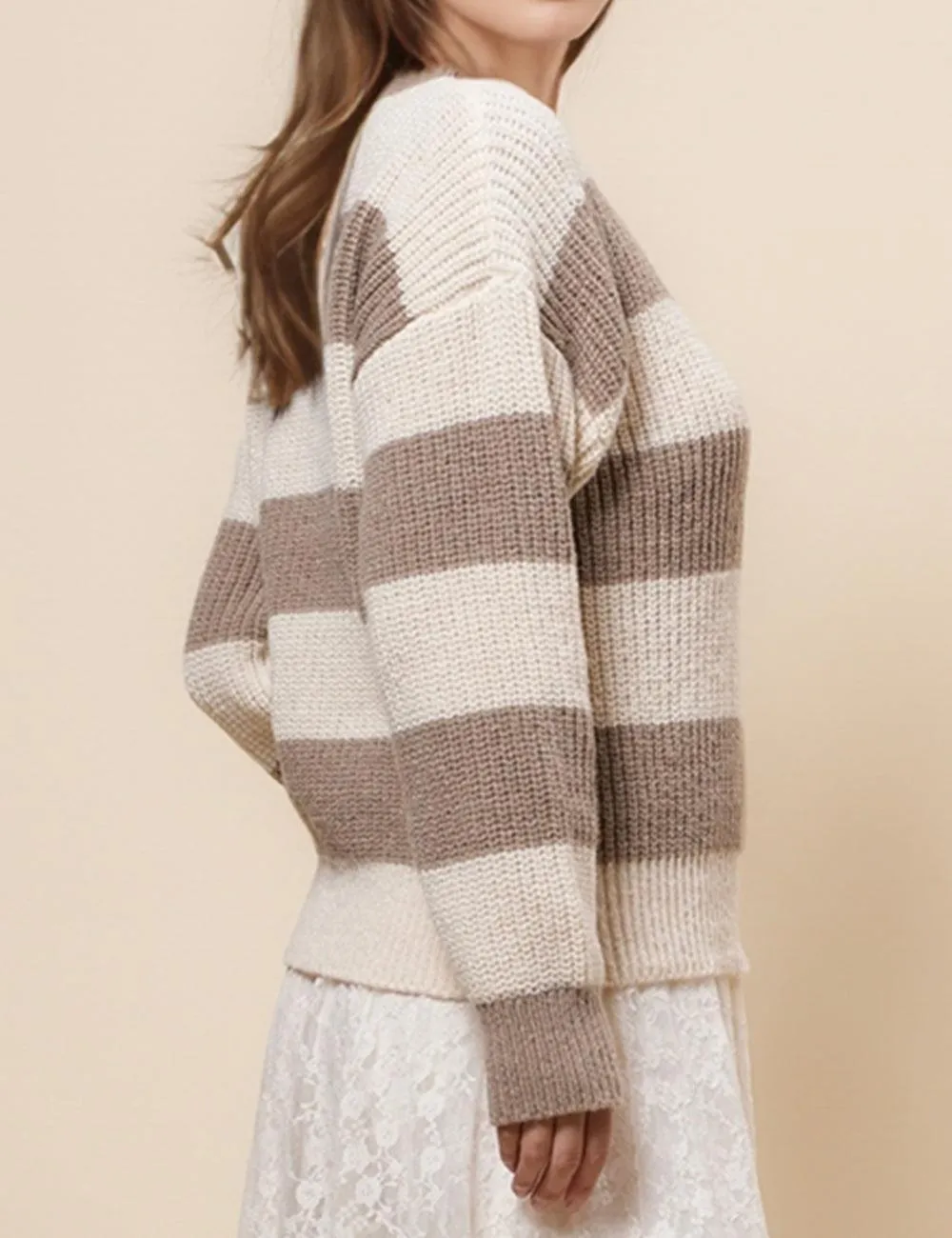 Ladies Stripe Color Block Everyday Pullover Sweater SKT4932