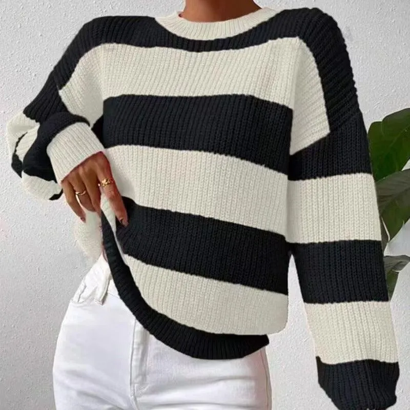 Ladies Stripe Color Block Everyday Pullover Sweater SKT4932
