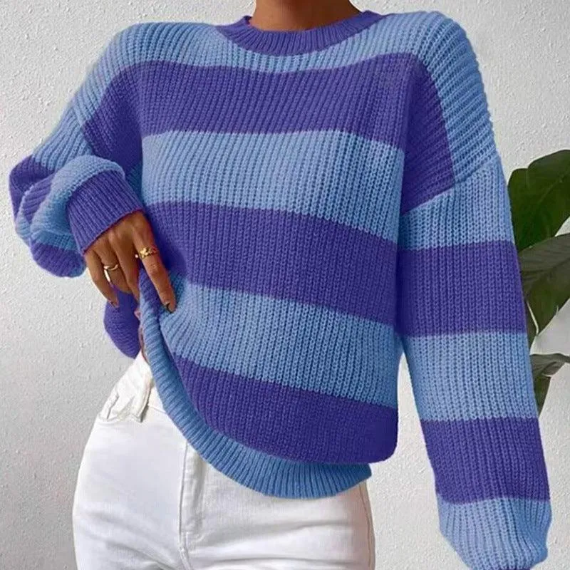 Ladies Stripe Color Block Everyday Pullover Sweater SKT4932