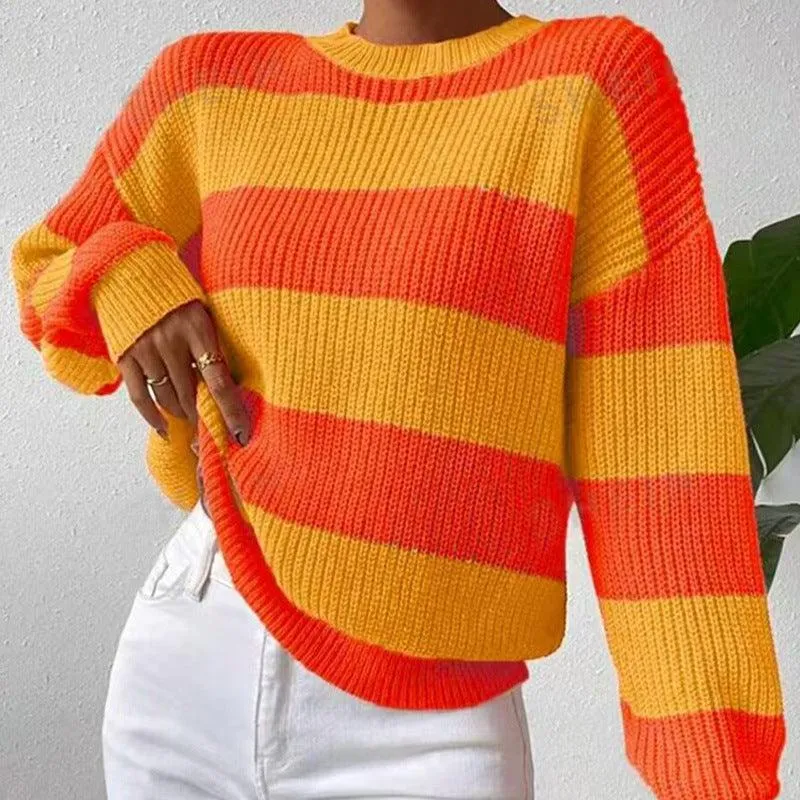 Ladies Stripe Color Block Everyday Pullover Sweater SKT4932