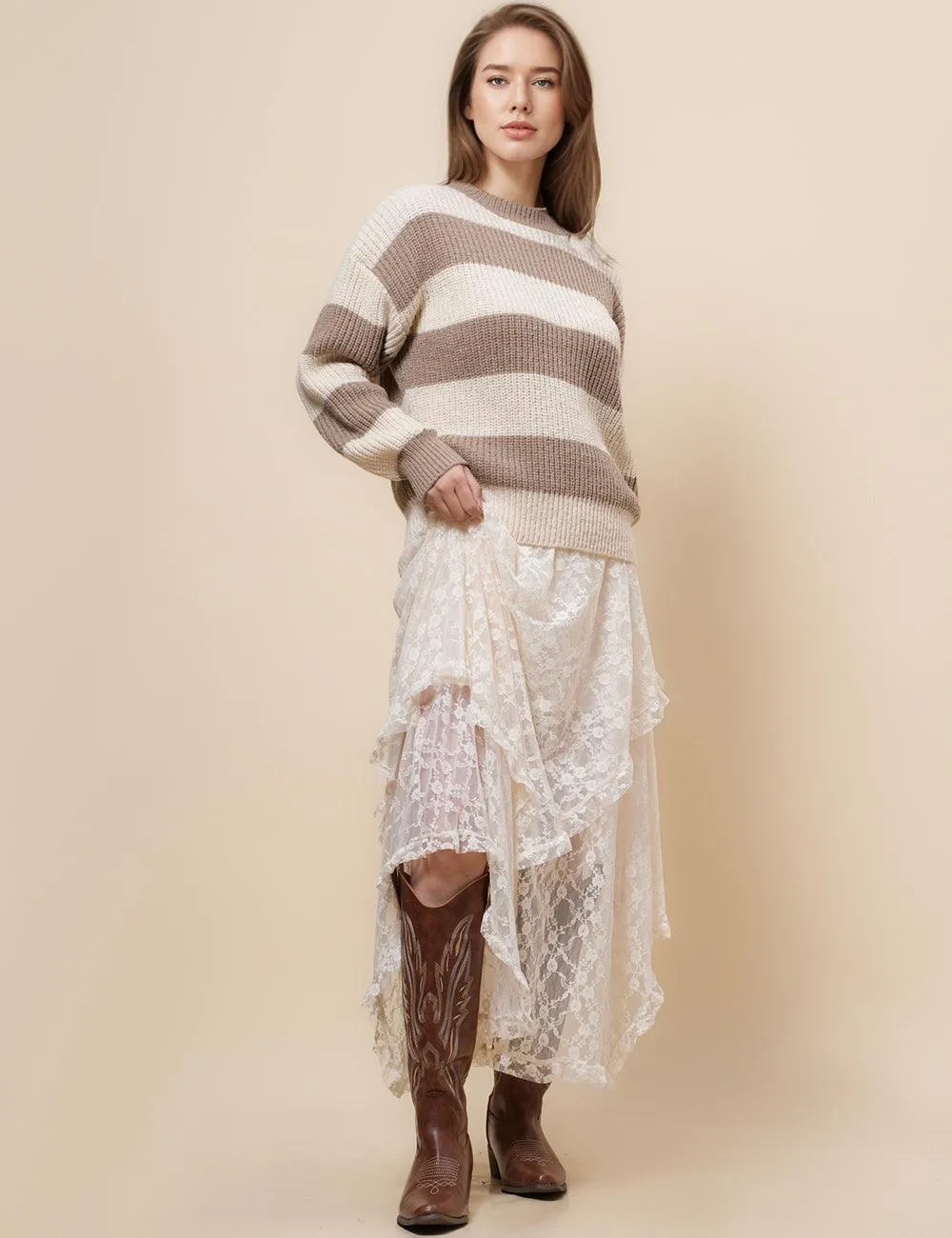 Ladies Stripe Color Block Everyday Pullover Sweater SKT4932
