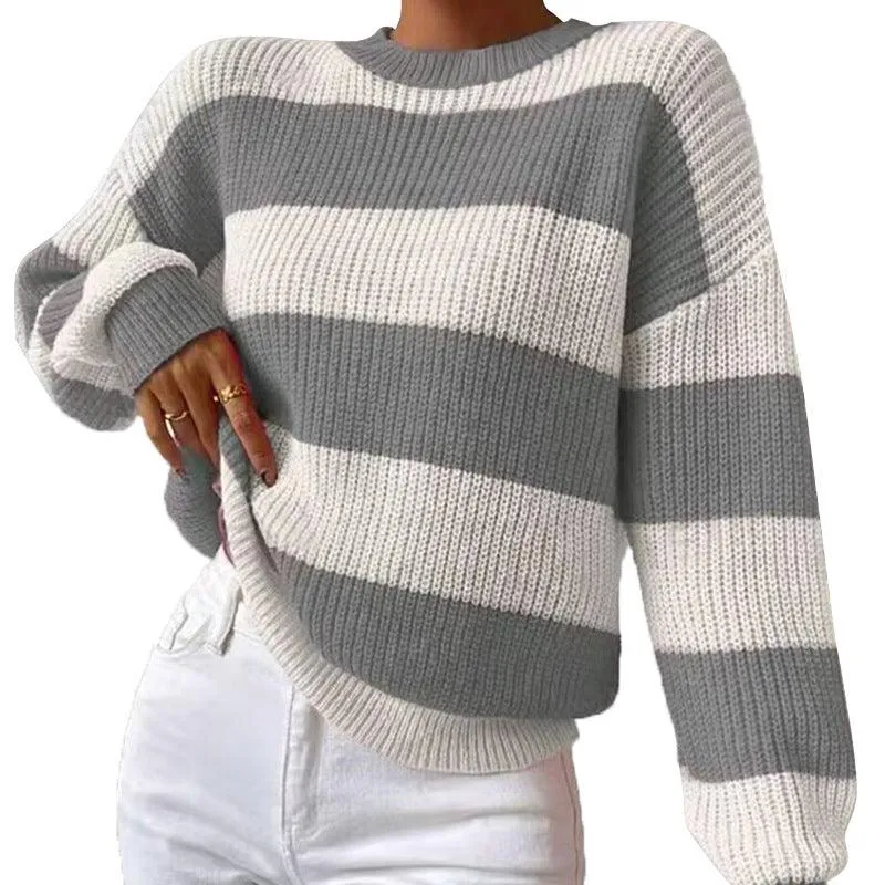 Ladies Stripe Color Block Everyday Pullover Sweater SKT4932