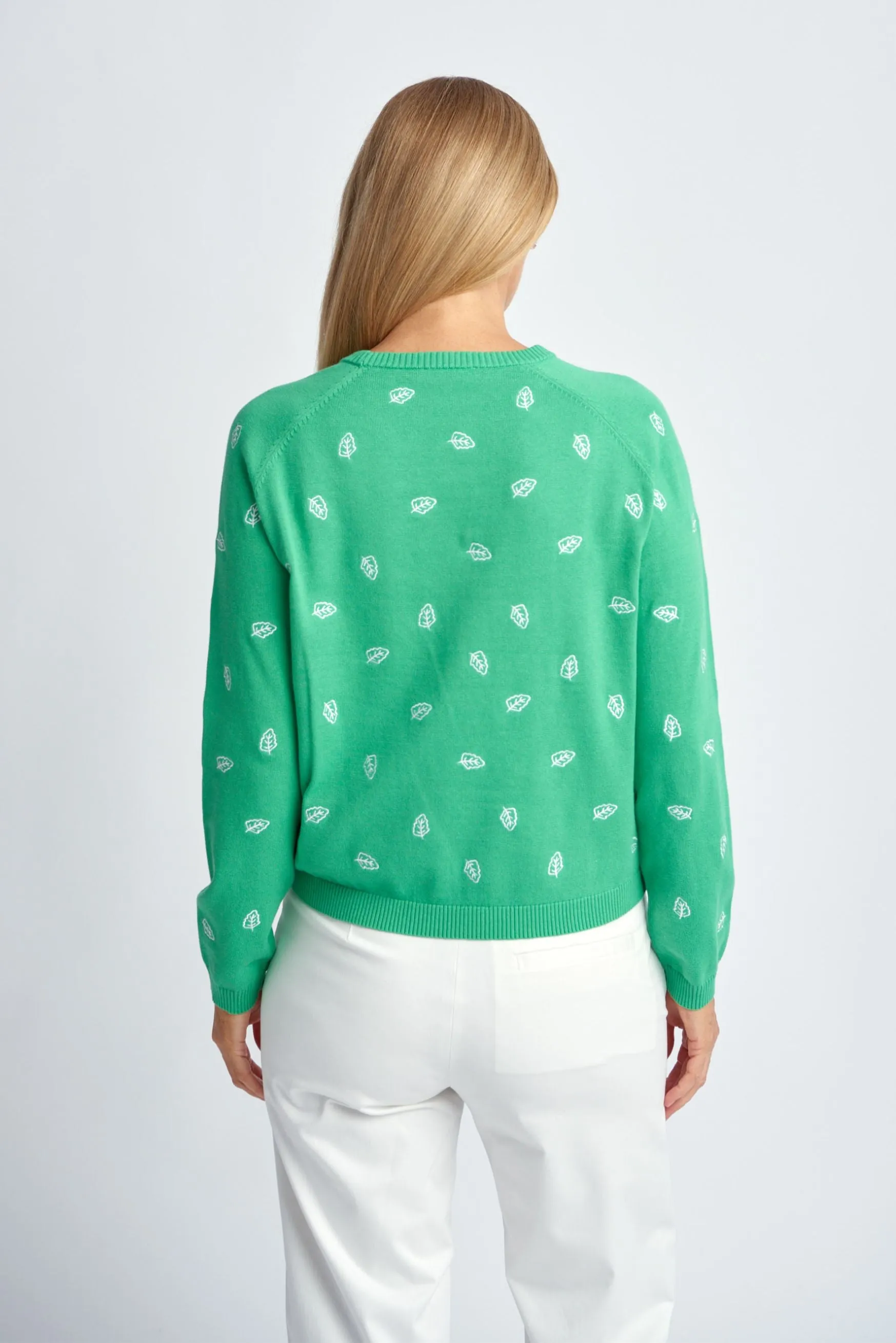 Leaf Embroidered Cotton Jumper Green/White