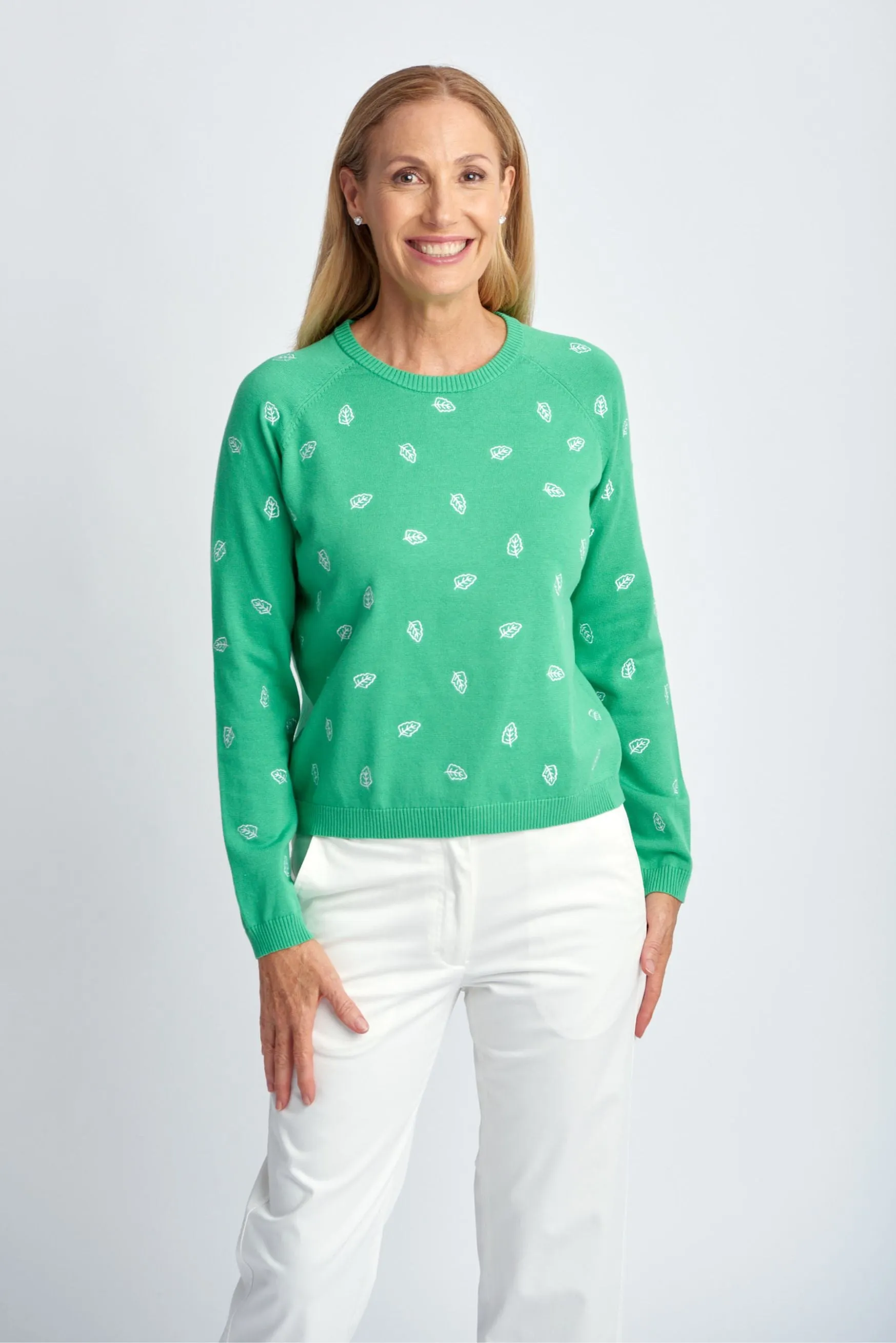 Leaf Embroidered Cotton Jumper Green/White