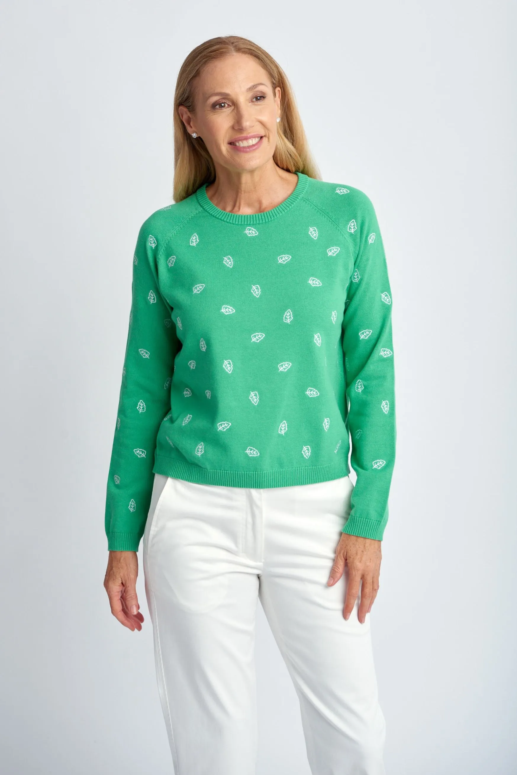 Leaf Embroidered Cotton Jumper Green/White