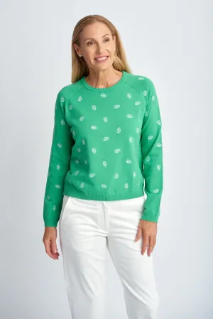 Leaf Embroidered Cotton Jumper Green/White