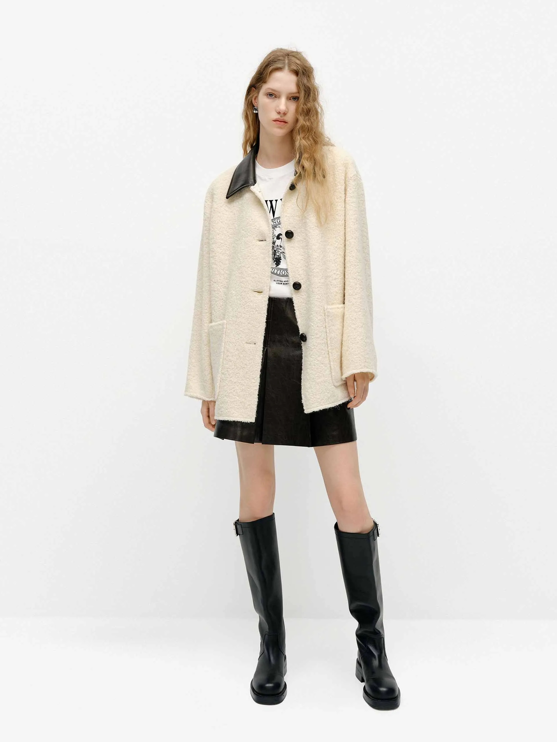 Leather Collar Midi Coat