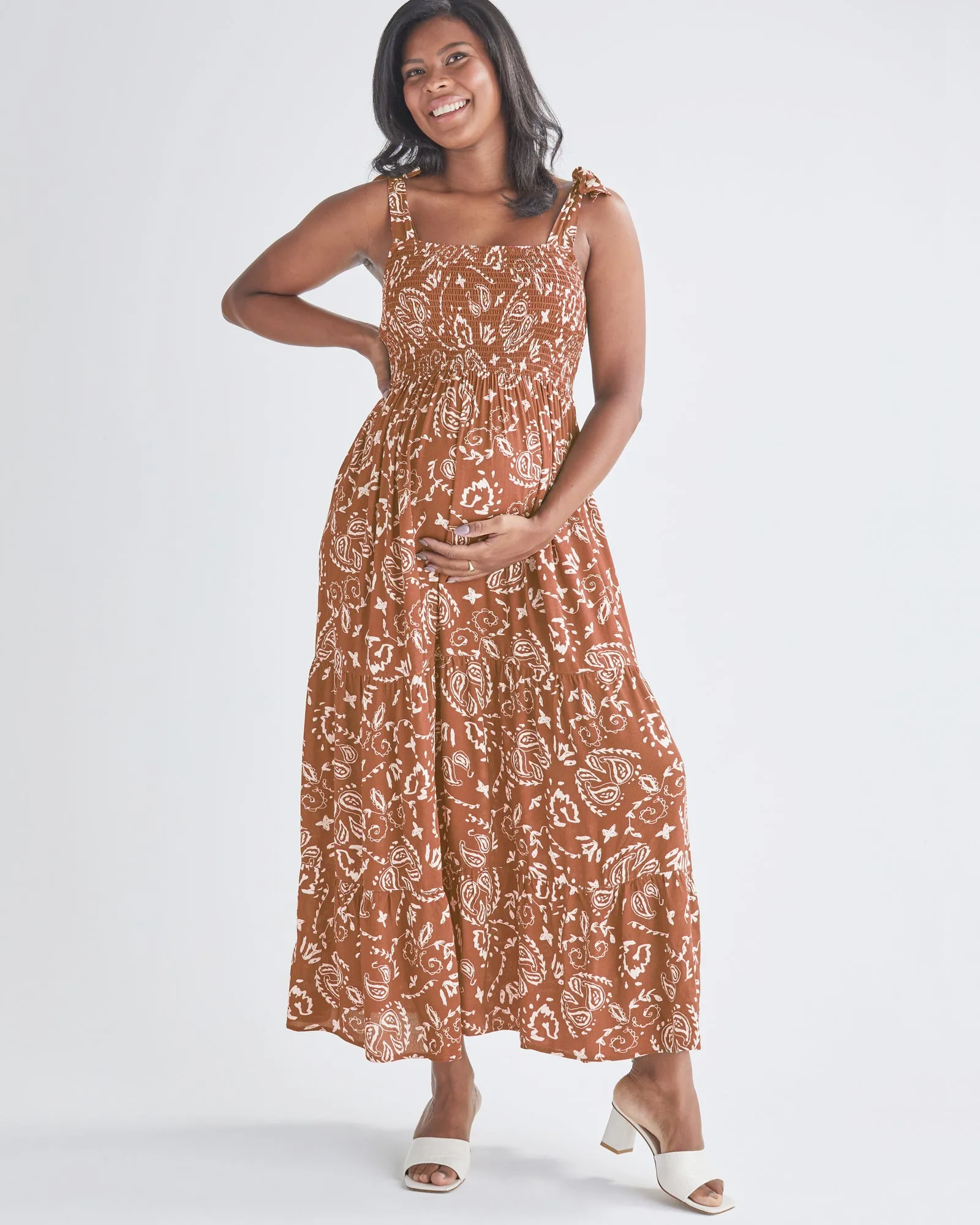 Lilliana Maternity Maxi Dress in Brown Paisley Print