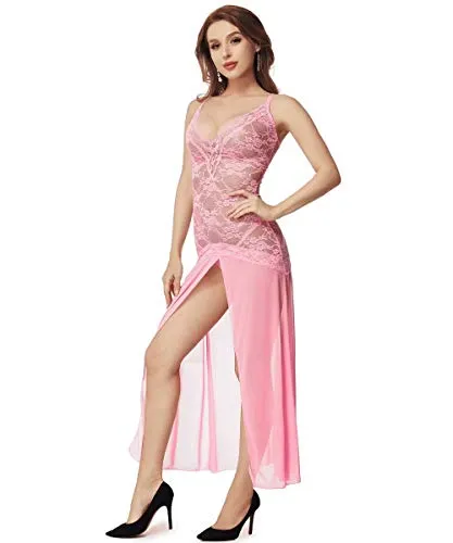 LINGERLOVE Women Plus Size Floral Lace Babydoll Nightwear Set Wine Red