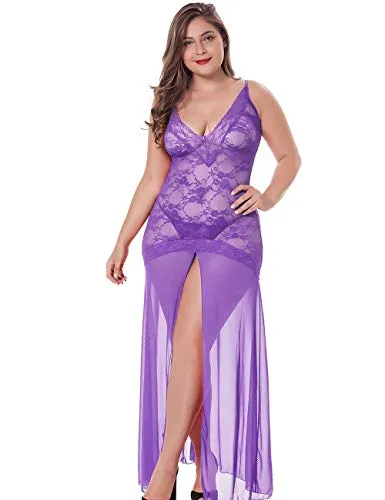 LINGERLOVE Women Plus Size Floral Lace Babydoll Nightwear Set Wine Red