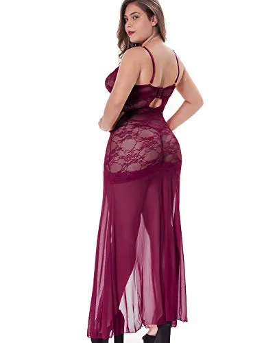 LINGERLOVE Women Plus Size Floral Lace Babydoll Nightwear Set Wine Red