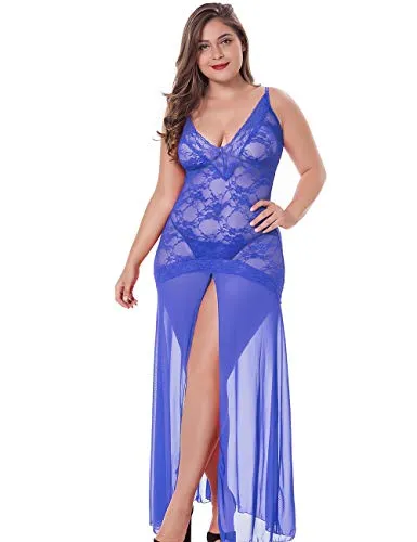 LINGERLOVE Women Plus Size Floral Lace Babydoll Nightwear Set Wine Red