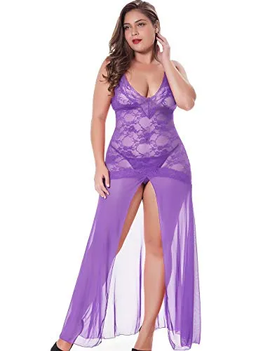 LINGERLOVE Women Plus Size Floral Lace Babydoll Nightwear Set Wine Red