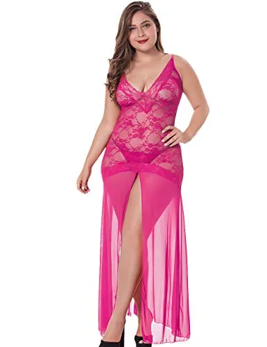 LINGERLOVE Women Plus Size Floral Lace Babydoll Nightwear Set Wine Red