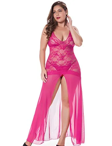 LINGERLOVE Women Plus Size Floral Lace Babydoll Nightwear Set Wine Red