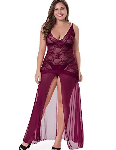 LINGERLOVE Women Plus Size Floral Lace Babydoll Nightwear Set Wine Red