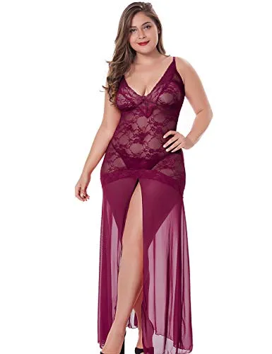 LINGERLOVE Women Plus Size Floral Lace Babydoll Nightwear Set Wine Red
