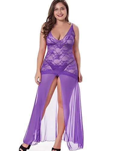 LINGERLOVE Women Plus Size Floral Lace Babydoll Nightwear Set Wine Red