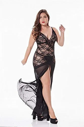 LINGERLOVE Women Plus Size Floral Lace Babydoll Nightwear Set Wine Red