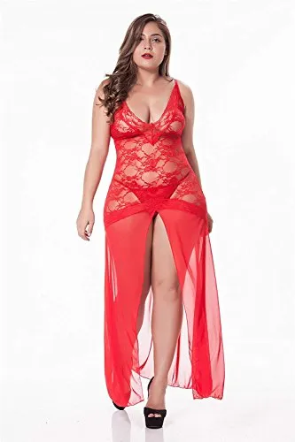 LINGERLOVE Women Plus Size Floral Lace Babydoll Nightwear Set Wine Red