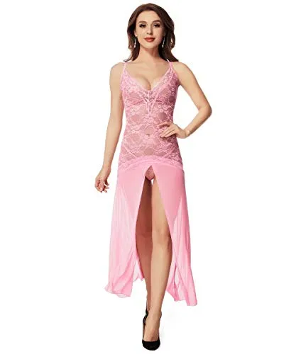 LINGERLOVE Women Plus Size Floral Lace Babydoll Nightwear Set Wine Red