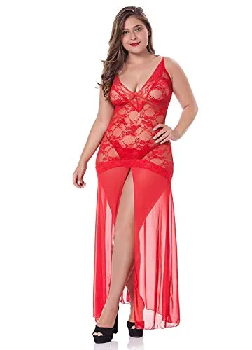LINGERLOVE Women Plus Size Floral Lace Babydoll Nightwear Set Wine Red