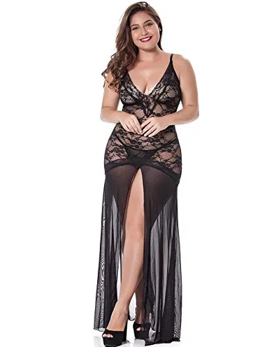 LINGERLOVE Women Plus Size Floral Lace Babydoll Nightwear Set Wine Red