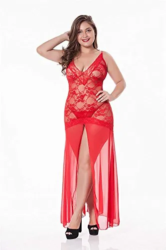LINGERLOVE Women Plus Size Floral Lace Babydoll Nightwear Set Wine Red