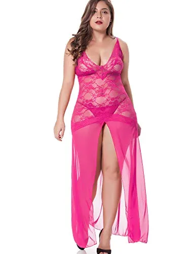 LINGERLOVE Women Plus Size Floral Lace Babydoll Nightwear Set Wine Red