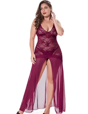 LINGERLOVE Women Plus Size Floral Lace Babydoll Nightwear Set Wine Red
