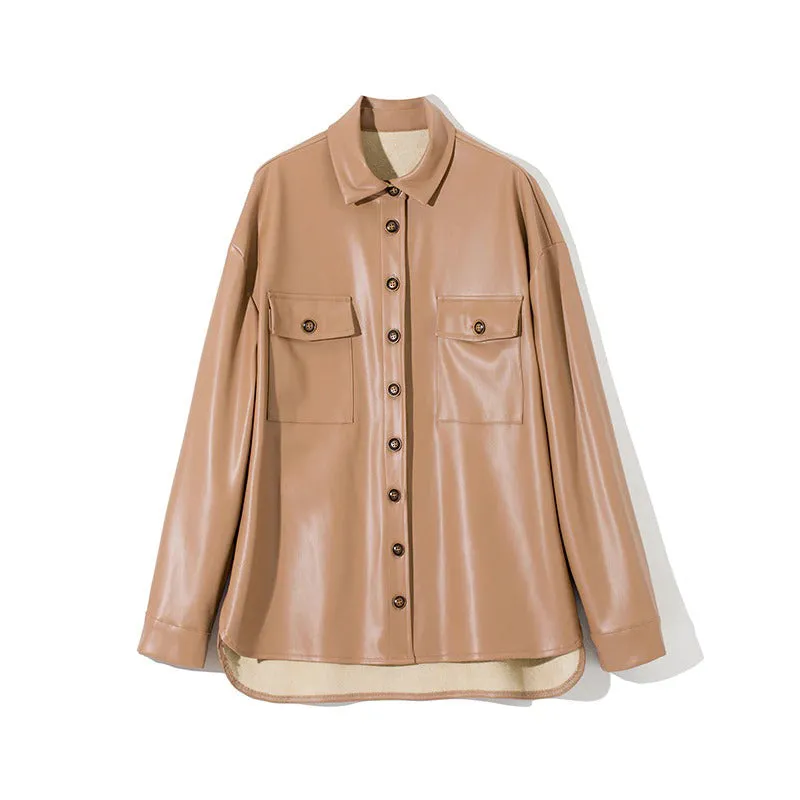 Loose Collared Vegan Leather Winter Down Coat Jackets