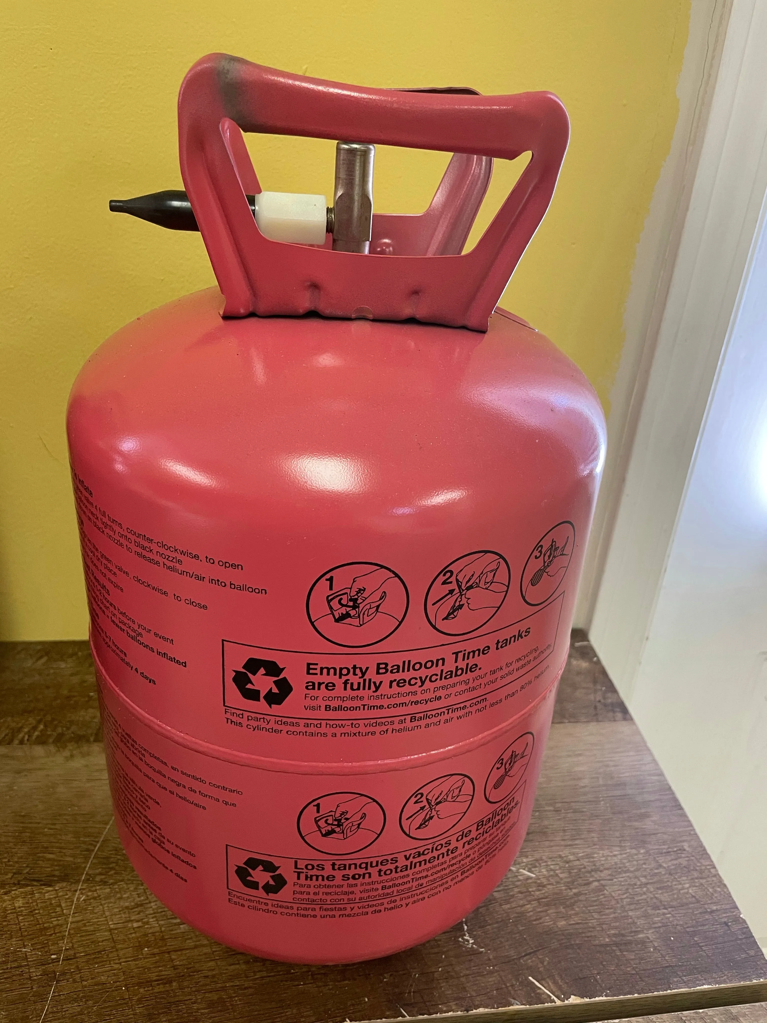 <€€ Balloon Time EMPTY Helium Tank with inflation nozzle 8.9 cu.ft. Red Metal Tank NO HELIUM