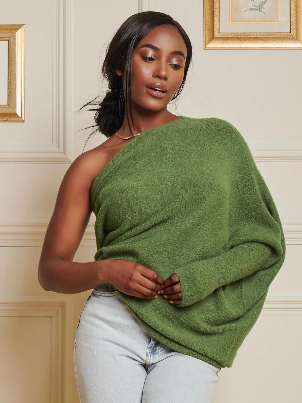 Made in Italy Wool Blend Asymmetric Knit Jumper, Olive Green