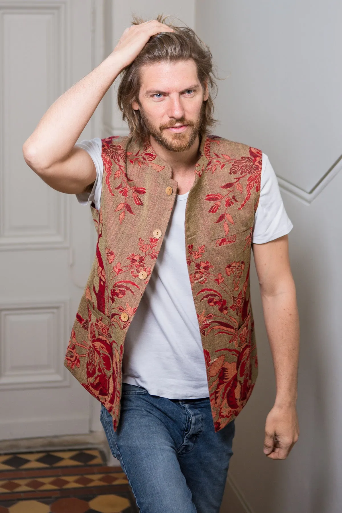 Mens Nehru Waistcoat in Electric Moss