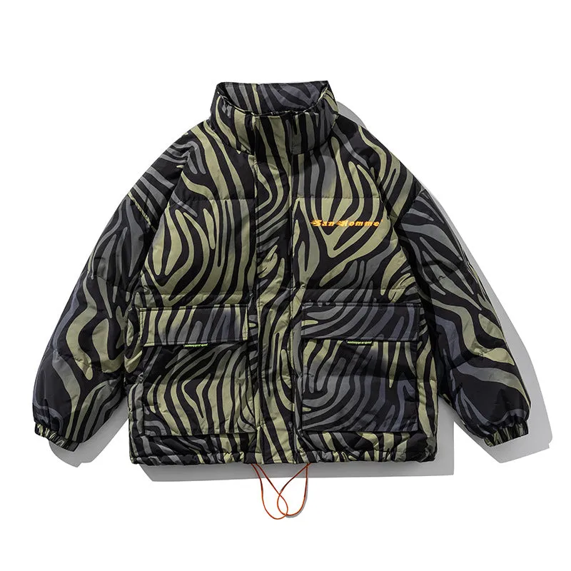 Men's Stand-Collar Down Jacket American Casual Loose Zebra Pattern Thick Coat