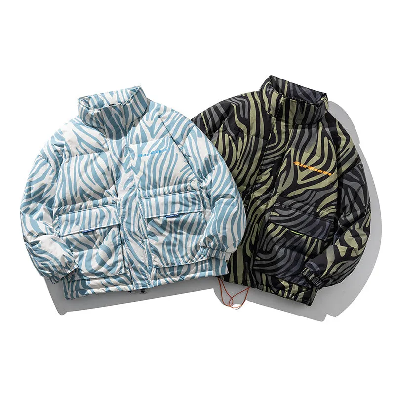 Men's Stand-Collar Down Jacket American Casual Loose Zebra Pattern Thick Coat