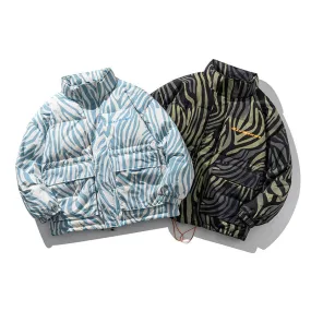 Men's Stand-Collar Down Jacket American Casual Loose Zebra Pattern Thick Coat