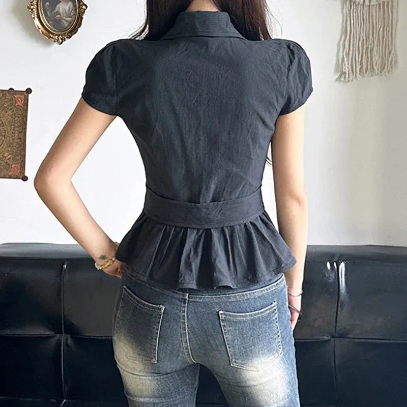 Metaversmall Streetwear Stripe Cargo Style Women Blouse Tops Buttons Belt-Waist Cardigan Jacket Ruffles Summer Shirt Cropped Chic