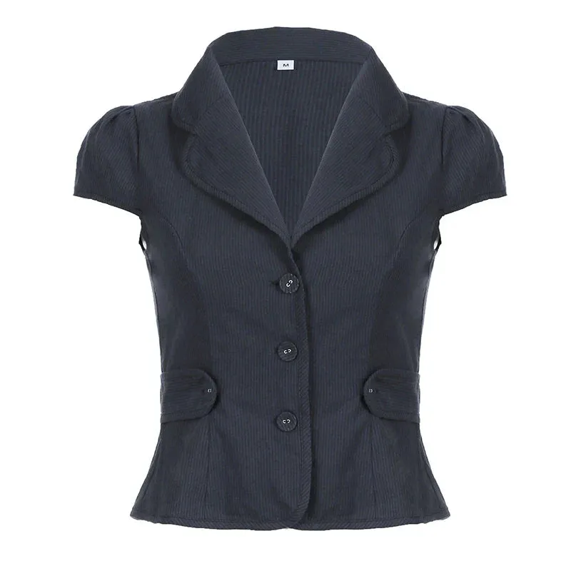 Metaversmall Streetwear Stripe Cargo Style Women Blouse Tops Buttons Belt-Waist Cardigan Jacket Ruffles Summer Shirt Cropped Chic