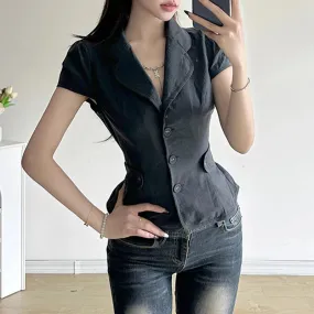 Metaversmall Streetwear Stripe Cargo Style Women Blouse Tops Buttons Belt-Waist Cardigan Jacket Ruffles Summer Shirt Cropped Chic