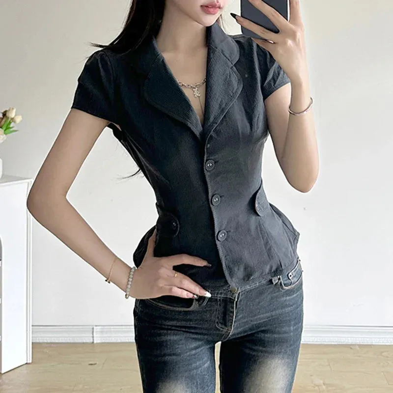 Metaversmall Streetwear Stripe Cargo Style Women Blouse Tops Buttons Belt-Waist Cardigan Jacket Ruffles Summer Shirt Cropped Chic